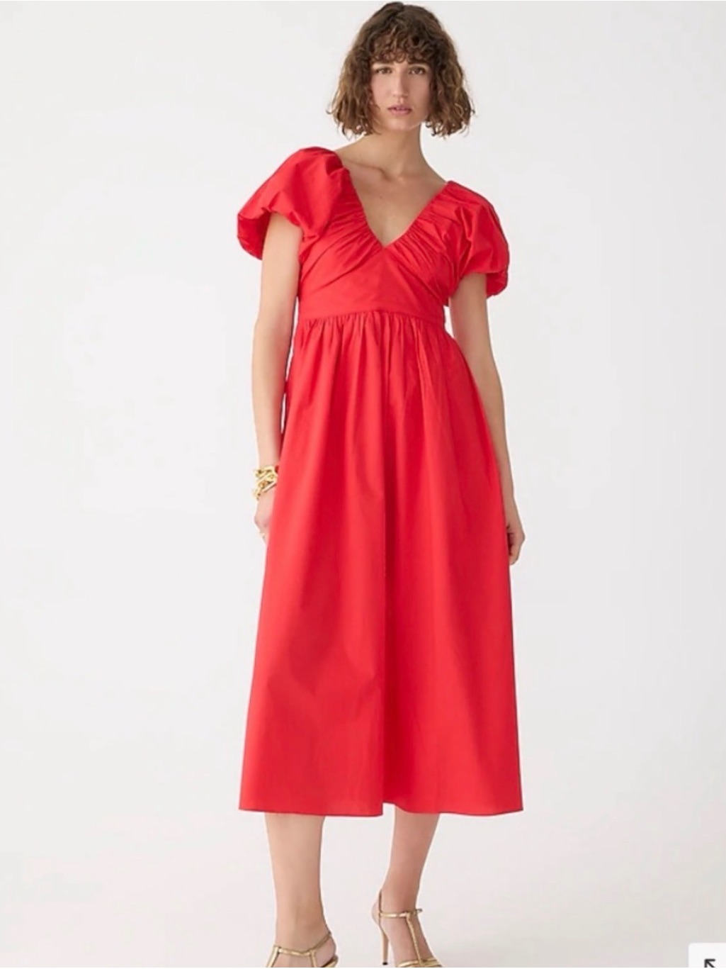 J. Crew Red V-Neck Puff-Sleeve Midi Dress